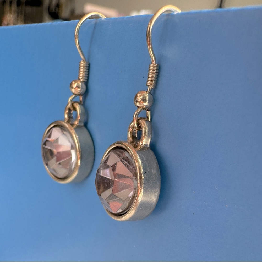 Gold Statement Earrings EUC Circle Crystal Drop Dangle Silver Gray Gemstone - Picture 5 of 7